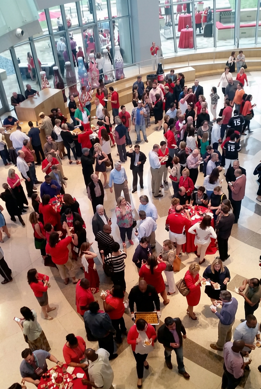 Large networking reception of conference delegates seen from above