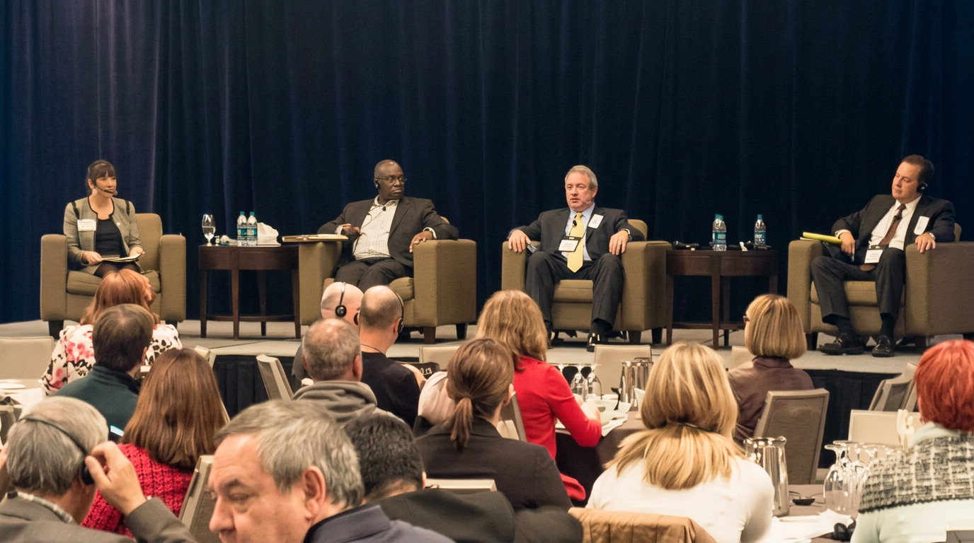 Panel of four speakers on stage at a YMCA conference