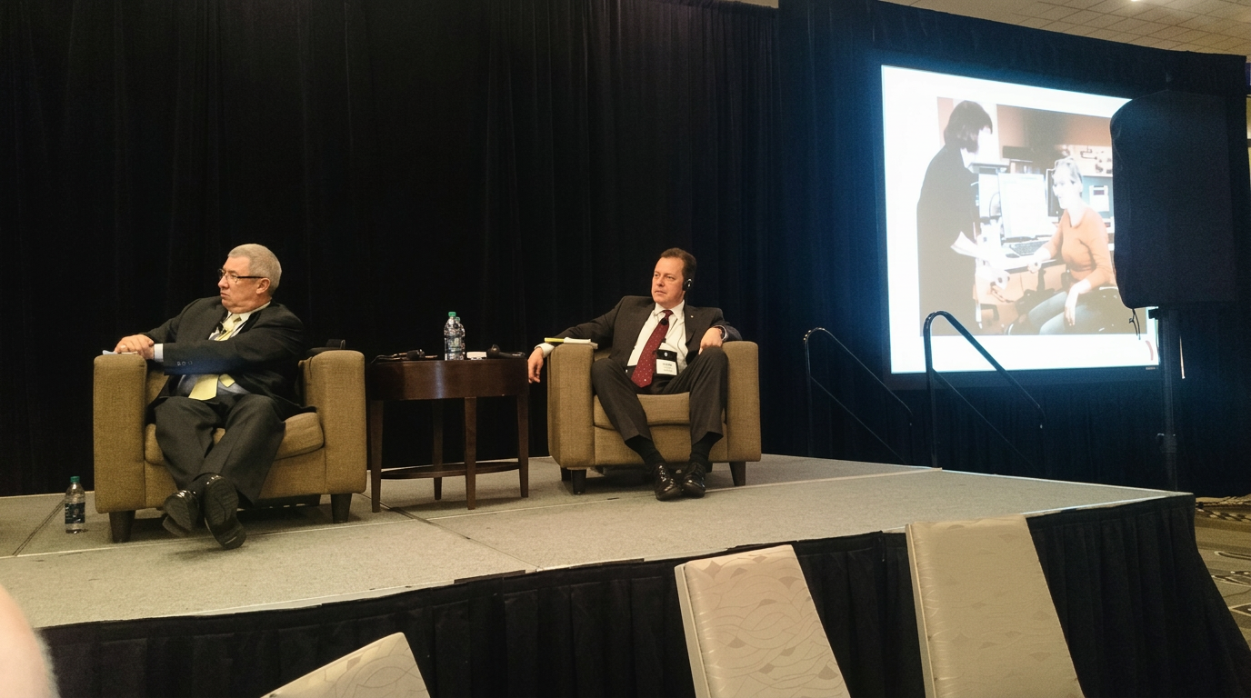 Two speakers on stage during a YMCA conference session