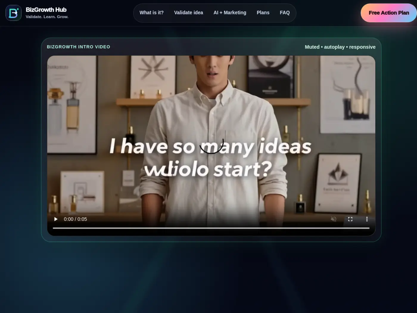 Biz Growth Hub website homepage showing its dark interface and introductory campaign video