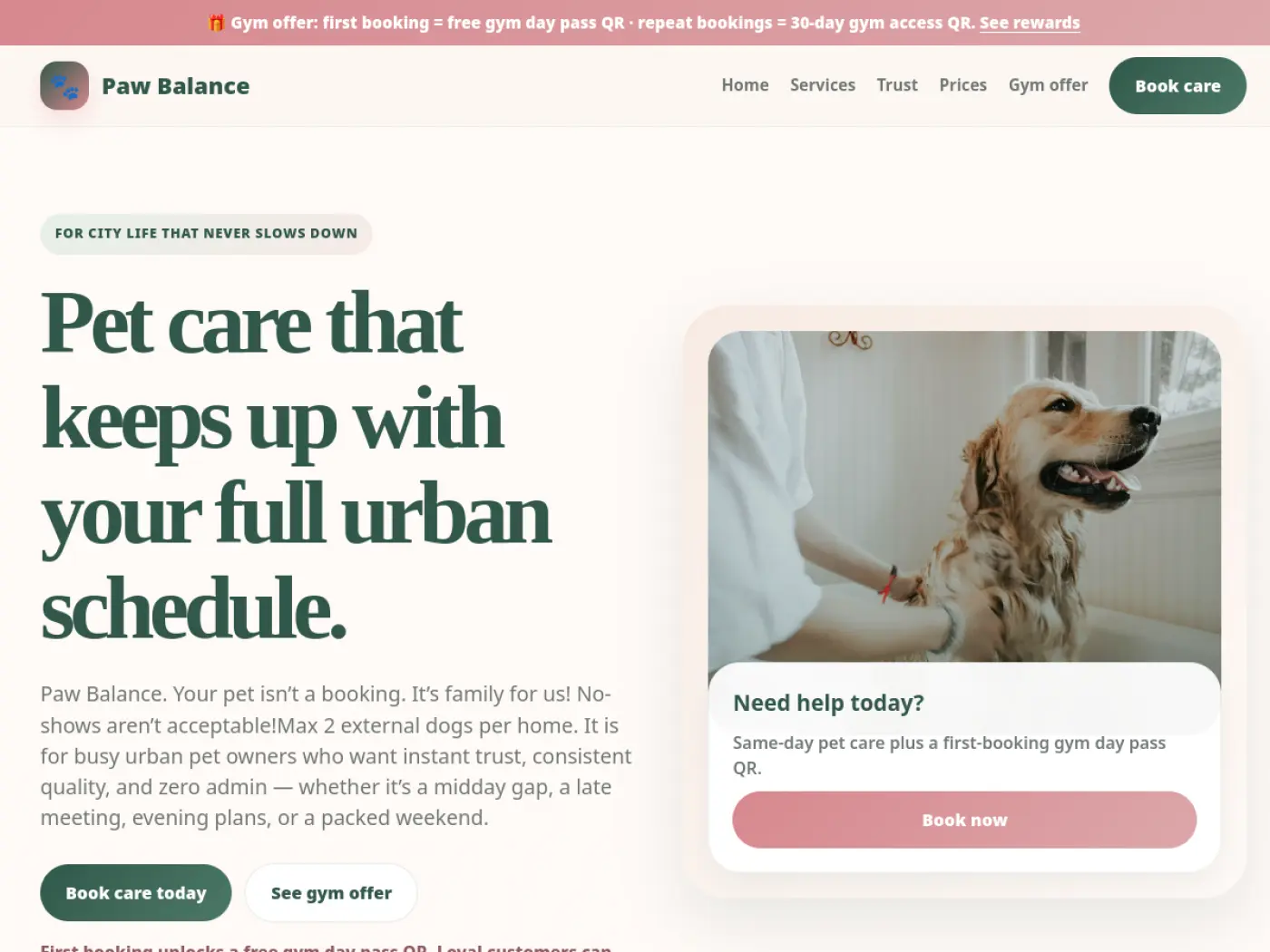 Paw Balance website homepage showing its pet-care service and dog photography